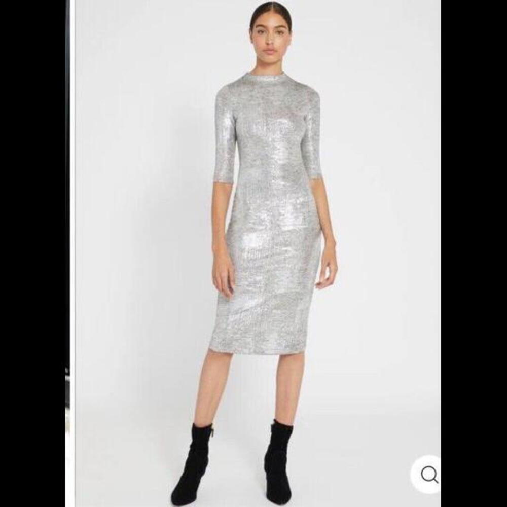 Alice & Olivia Dress Women’s 4 silver delora midi metallic wedding summer work